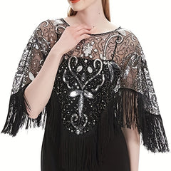 Vintage Tassel Sequins Embroidery Shawl Flapper Wrap Cardigan Cloak