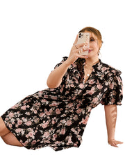 Dress Floral Print Ruffle Puff Sleeve Mini Smock Dress