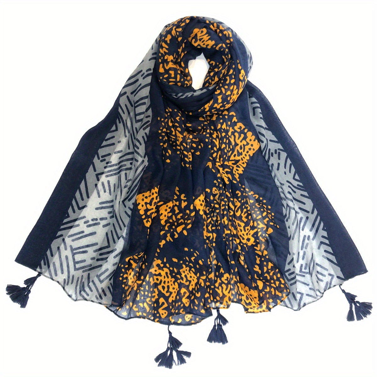 Vintage Block Scarf Dotted Print Tassel Shawl