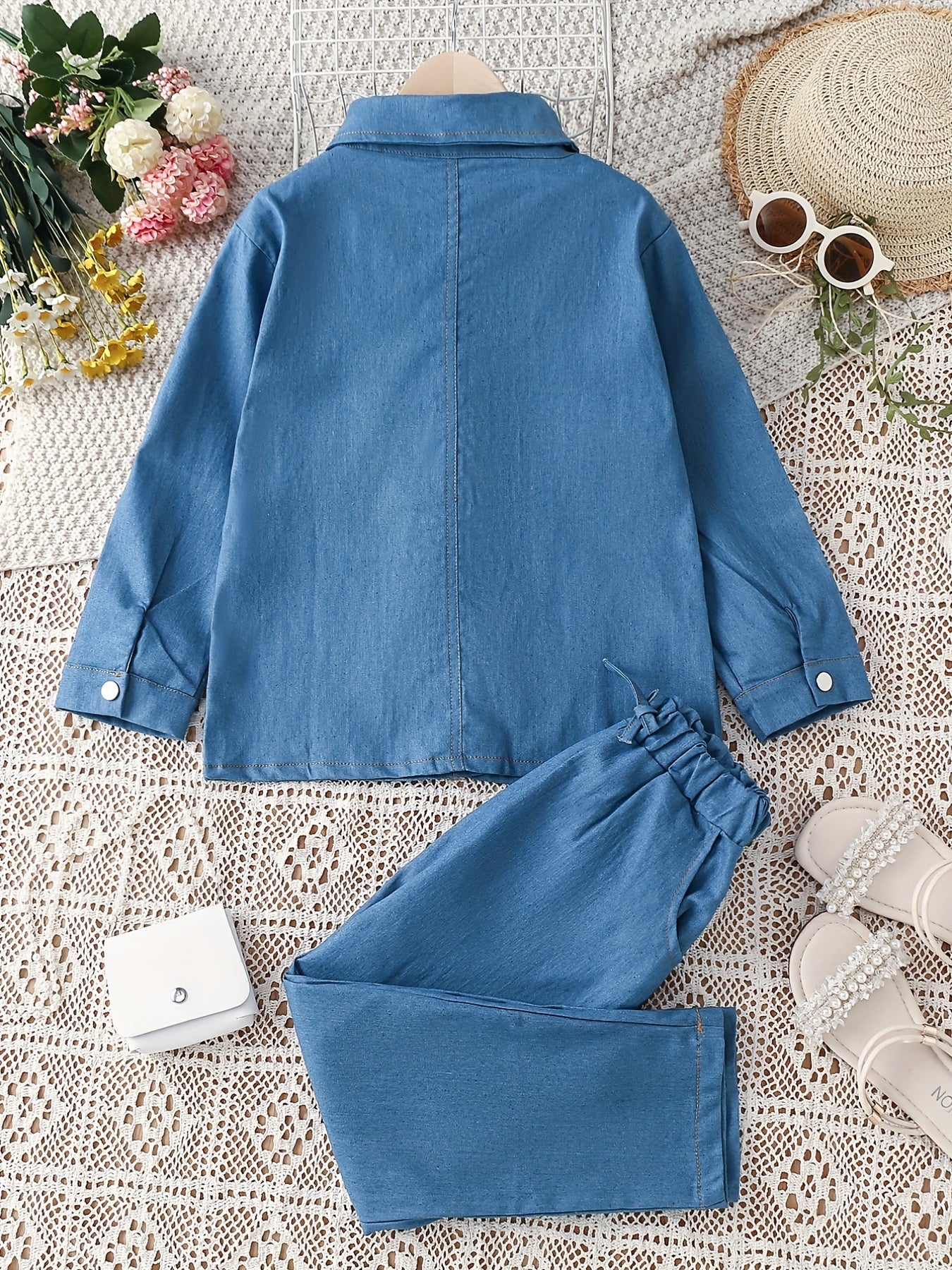Girls' Denim Suit Long Sleeve Shirt Elastic Waist Jeans Set