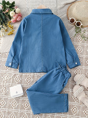 Girls' Denim Suit Long Sleeve Shirt Elastic Waist Jeans Set