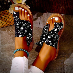 Women's Skull Bowknot Sandals Open Toe Flat Slides Shoes
