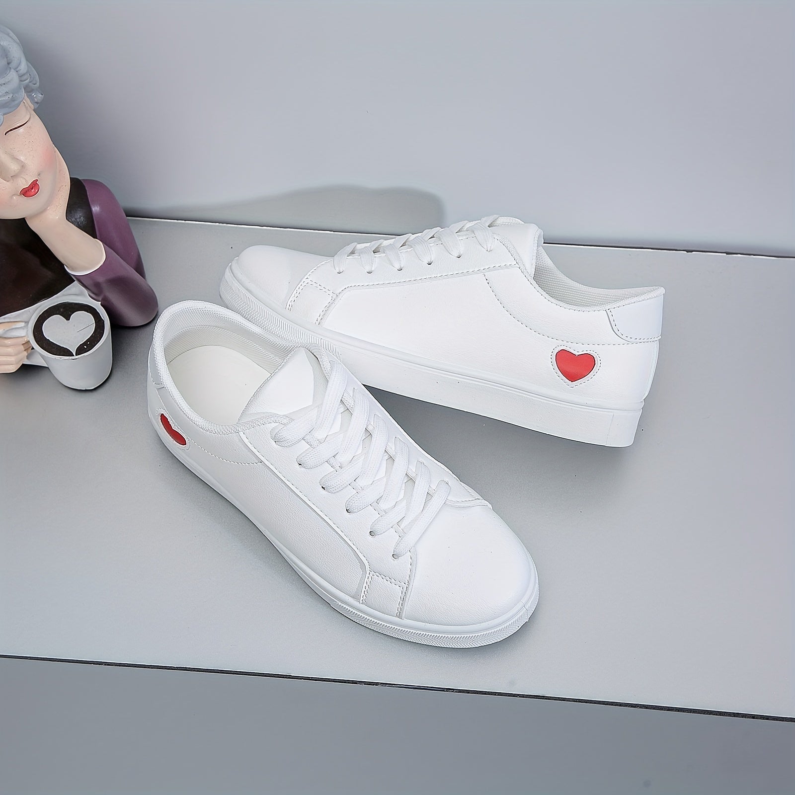 Heart Pattern Lace Up PU Leather Sneakers for Women