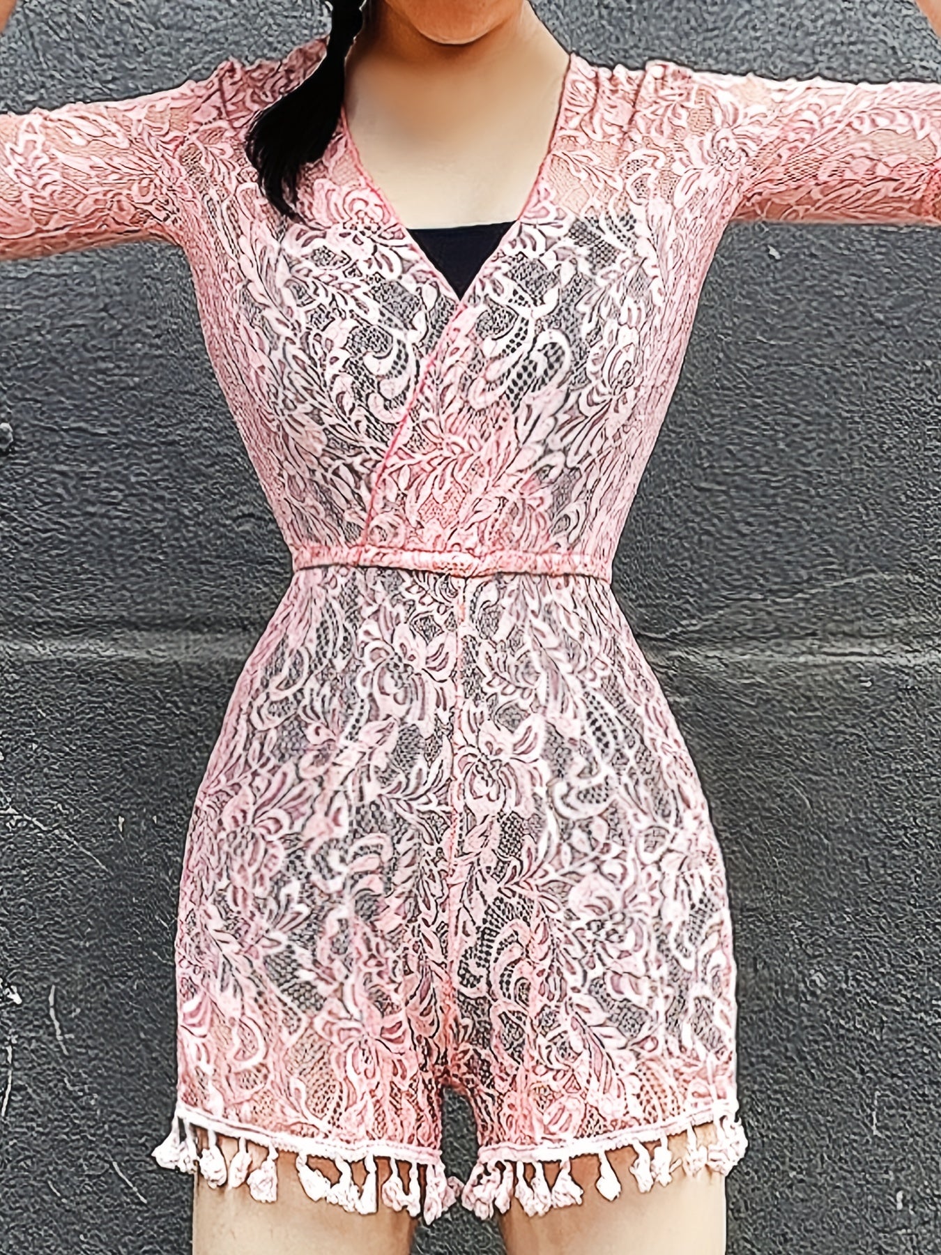 Floral Lace Tassel Trim V Neck Cover Up Playsuit