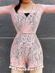 Floral Lace Tassel Trim V Neck Cover Up Playsuit