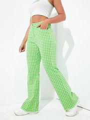 Green Houndstooth Bell Bottom Slim Fit High Waist Y2K Trousers Pants