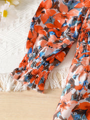 Girls Floral Print Square Neck Long Sleeve Jumpsuit