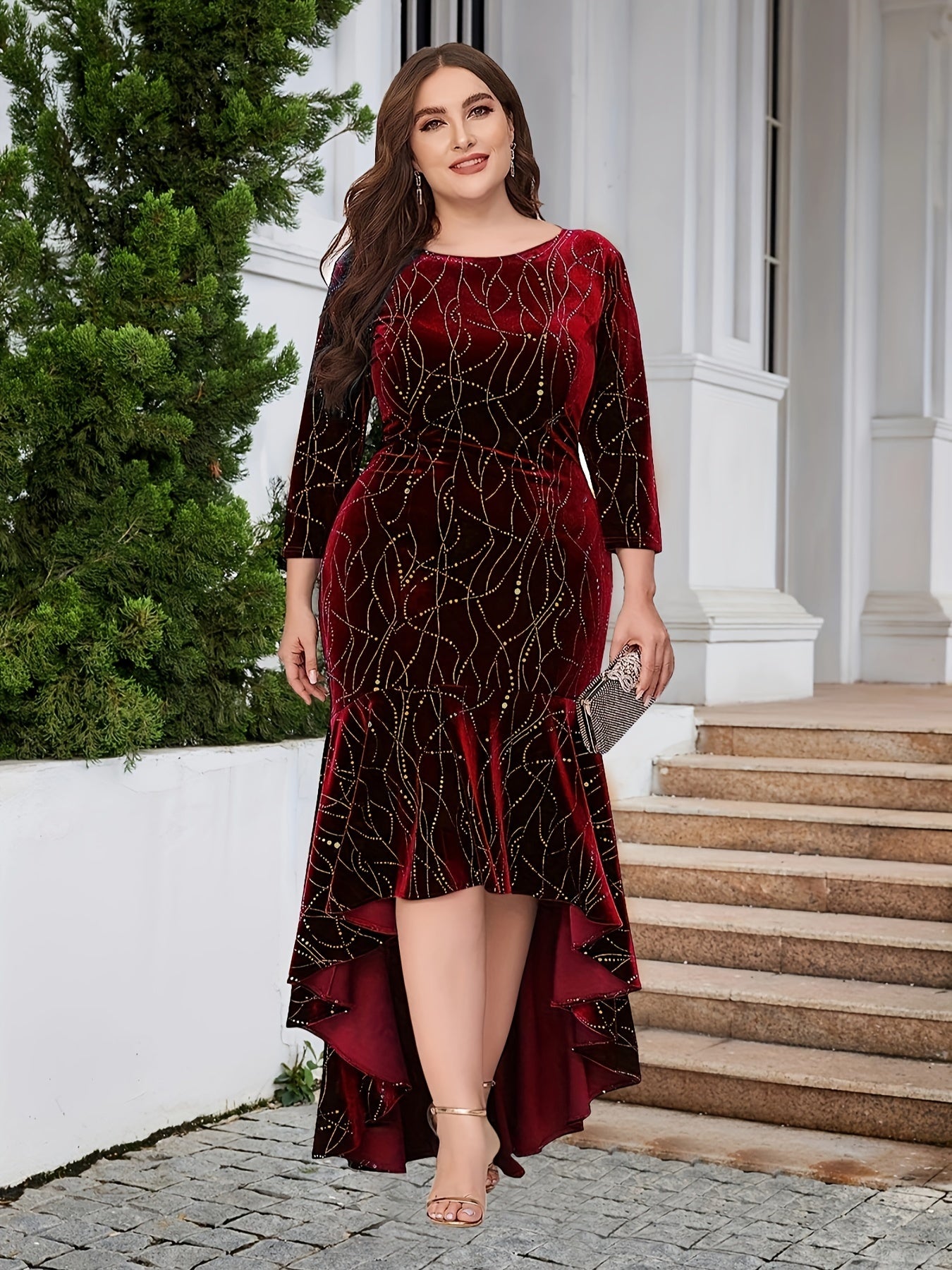 Golden Dot Print Velvet Plus Size Mermaid Dress