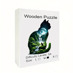 Moonlit Waterfall Cat Wooden Puzzle Challenging Brain Teaser for Adults