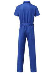 Men's Full Zip Overalls Streetwear Short Sleeve Jumpsuit