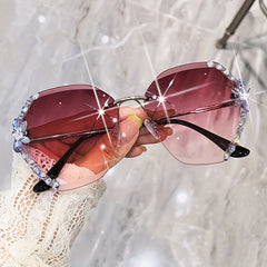 Oversized Rhinestone Sunglasses Gradient Lens Rimless Eyewear