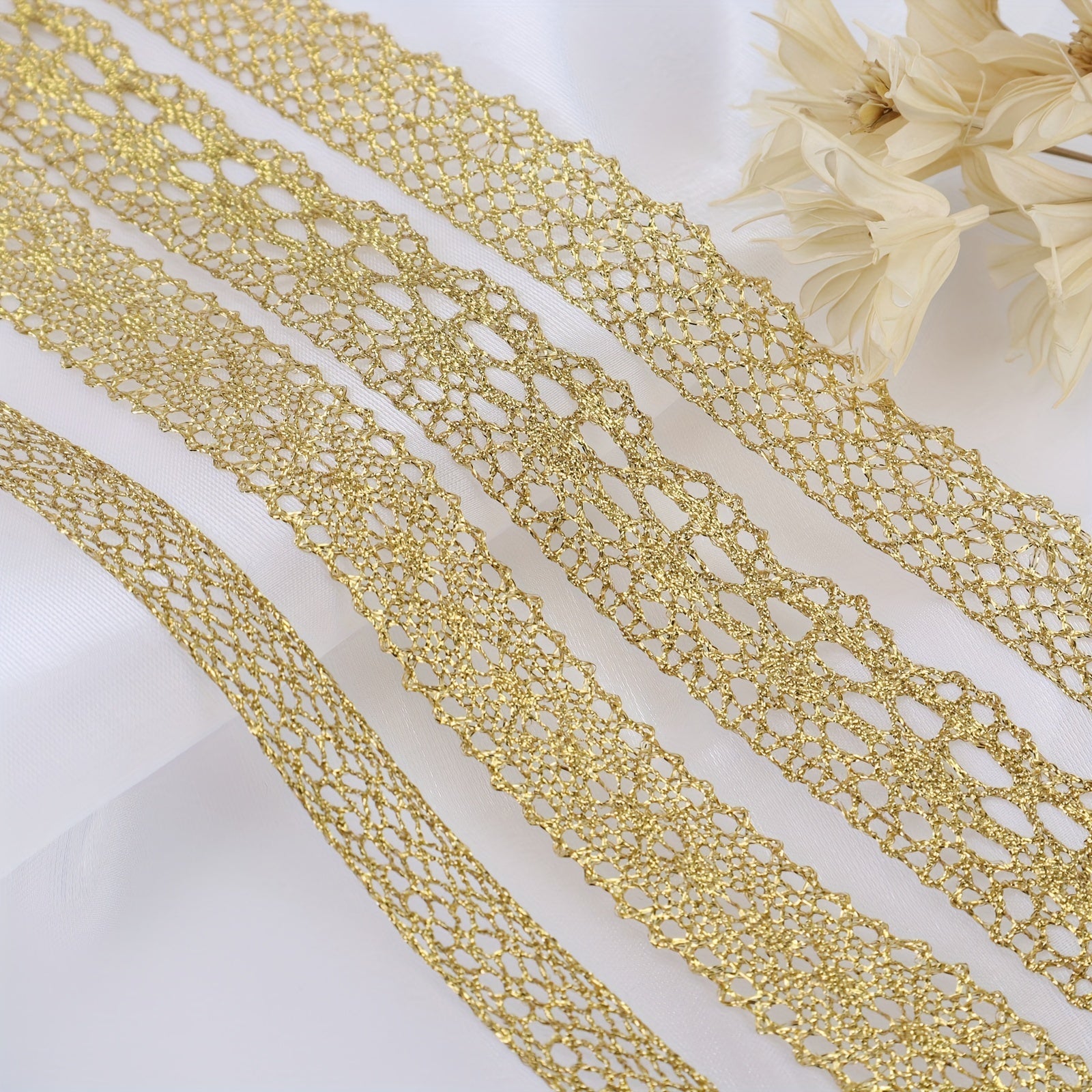 2 Yards Golden Lace Trim Crochet Lace Ribbon for Bridal Wedding D