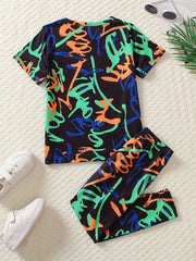 Girls Sports Suit Random Print Round Neck Short Sleeve Top And Pants Set