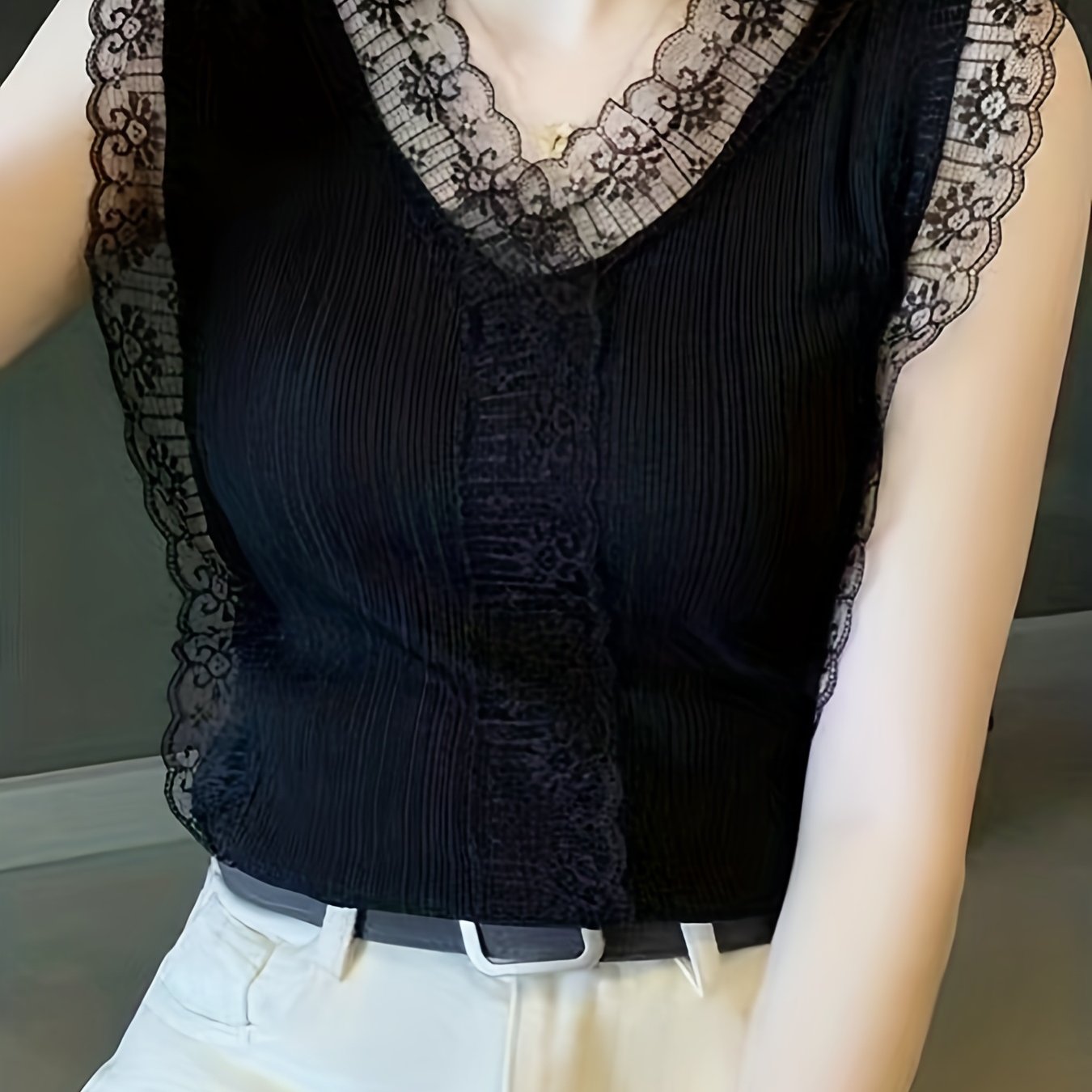 Lace Trim V Neck Tank Top Sleeveless Summer Casual Women's Clothing