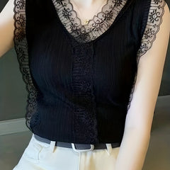Lace Trim V Neck Tank Top Sleeveless Summer Casual Women's Clothing