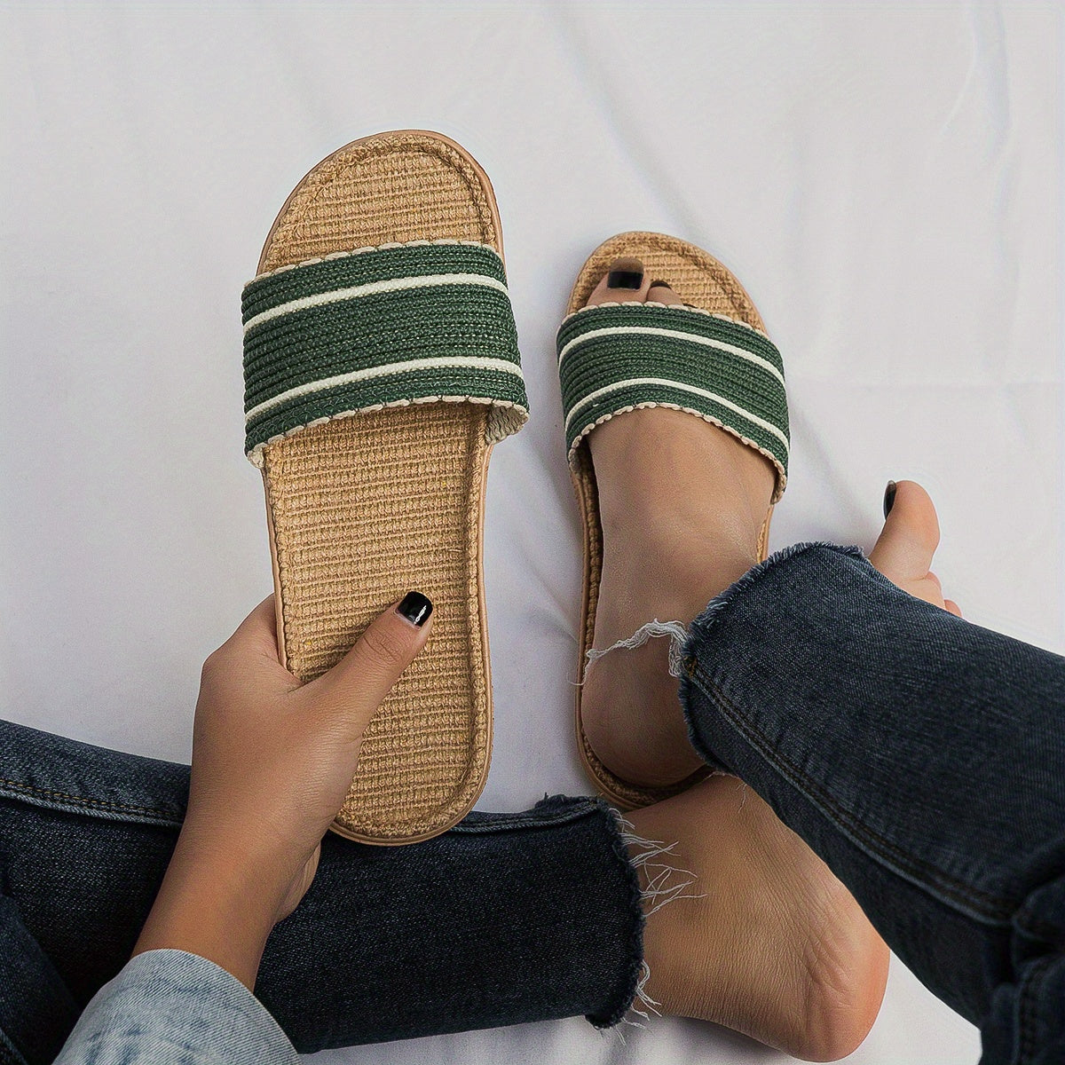 Women's Flat Linen Slides Open Toe Non Slip Shoes