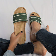 Women's Flat Linen Slides Open Toe Non Slip Shoes