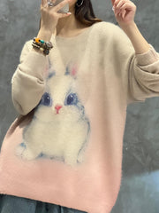 Rabbit Print Long Sleeve Round Neck Jumper