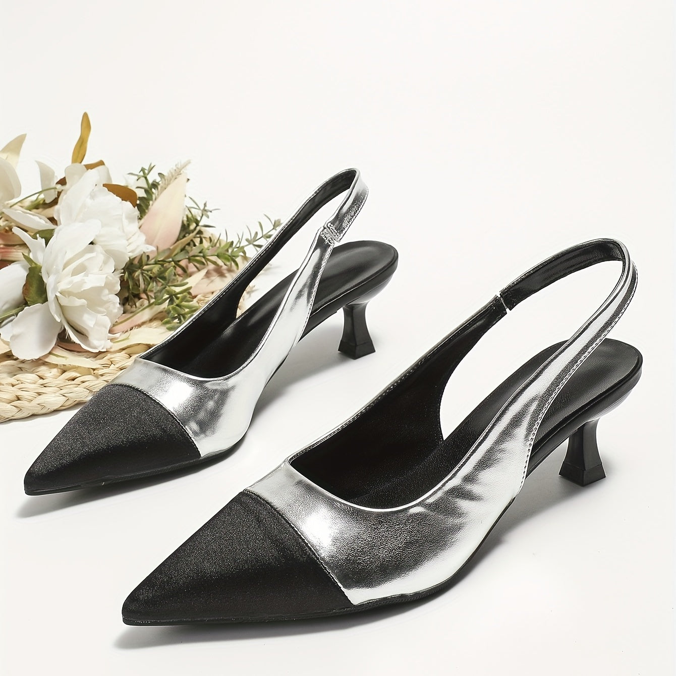 Women's Colorblock Kitten Heels Slingback Sandals