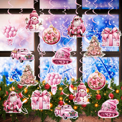 18pcs Pink Hanging Swirl Paper Santa Claus Decorations With Hooks