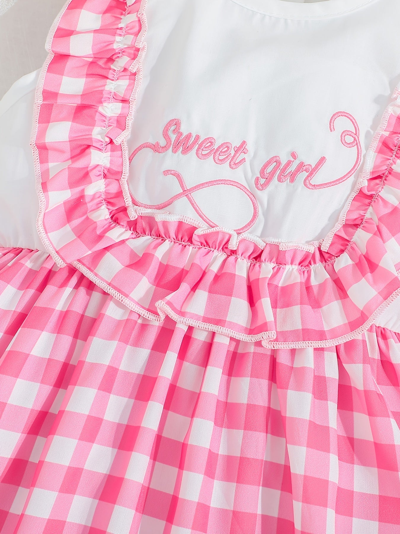 Girls Sleeveless Plaid Dress with Letter Embroidery