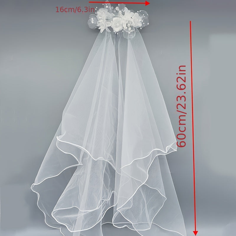 Double Layer Bridal Veil with Faux Pearls and Comb