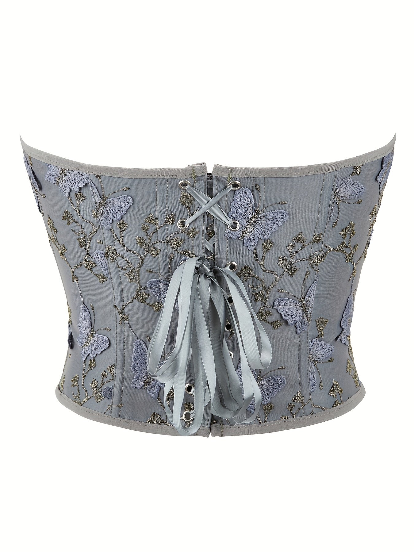 Butterfly Embroidery Strapless Corset Tummy Control Lace Up Push Up Body Shaper