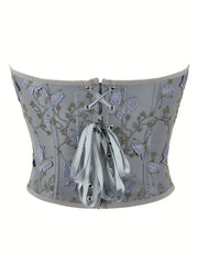 Butterfly Embroidery Strapless Corset Tummy Control Lace Up Push Up Body Shaper