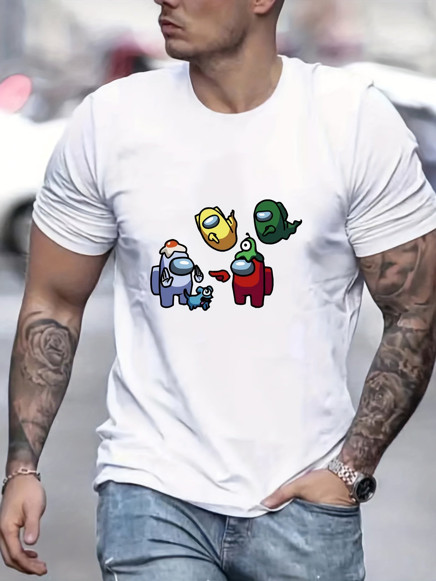 Cartoon Monster Print Men's Graphic Crew Neck Active T shirt Casual Comfy Tees