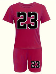 Number Print Short Sleeve Tee & Biker Shorts Pajama Set
