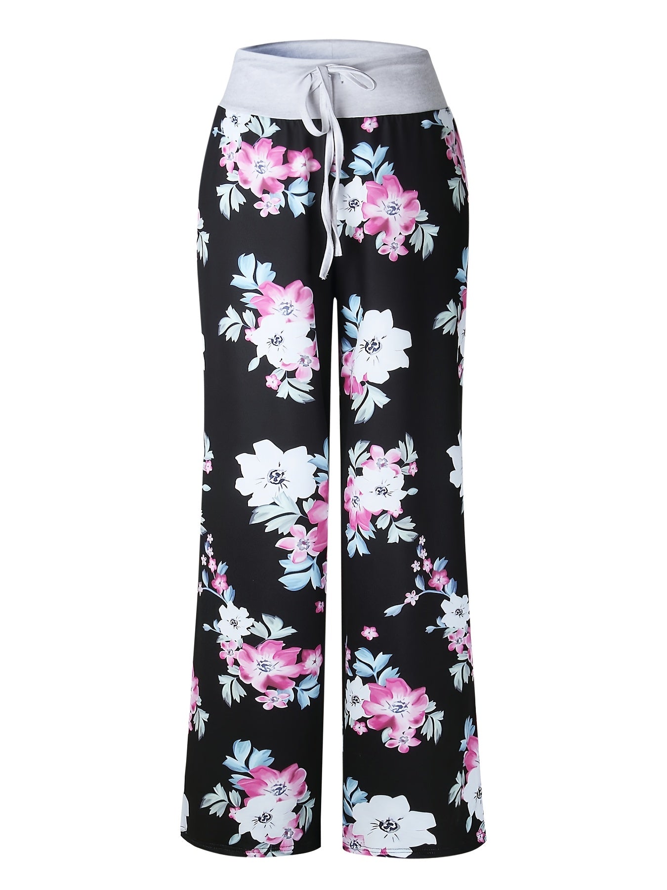 Flower Print Loose Pants Casual Lace up High Waist Wide Leg