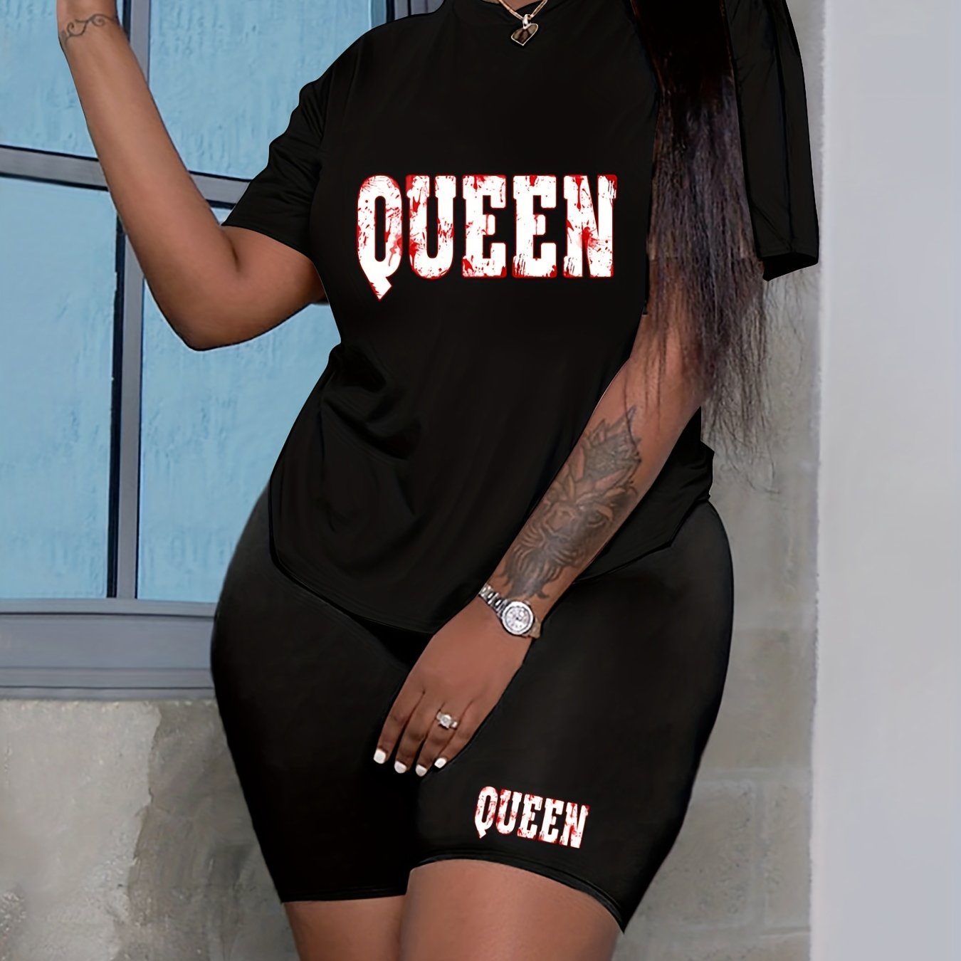 Letter Print Short Sleeve Top & Shorts Set