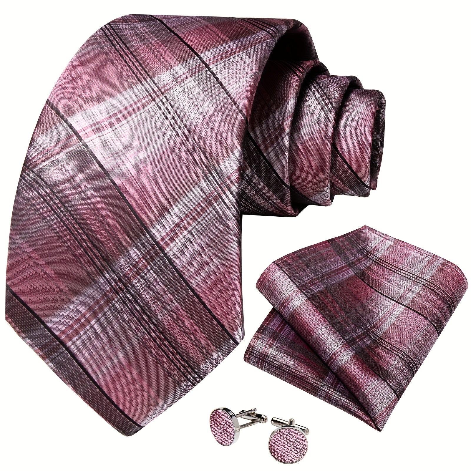 DiBanGu Classic Plaid Tie Set For Men Pink Red Ties