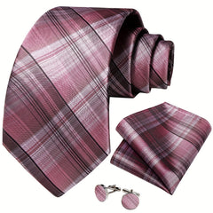 DiBanGu Classic Plaid Tie Set For Men Pink Red Ties