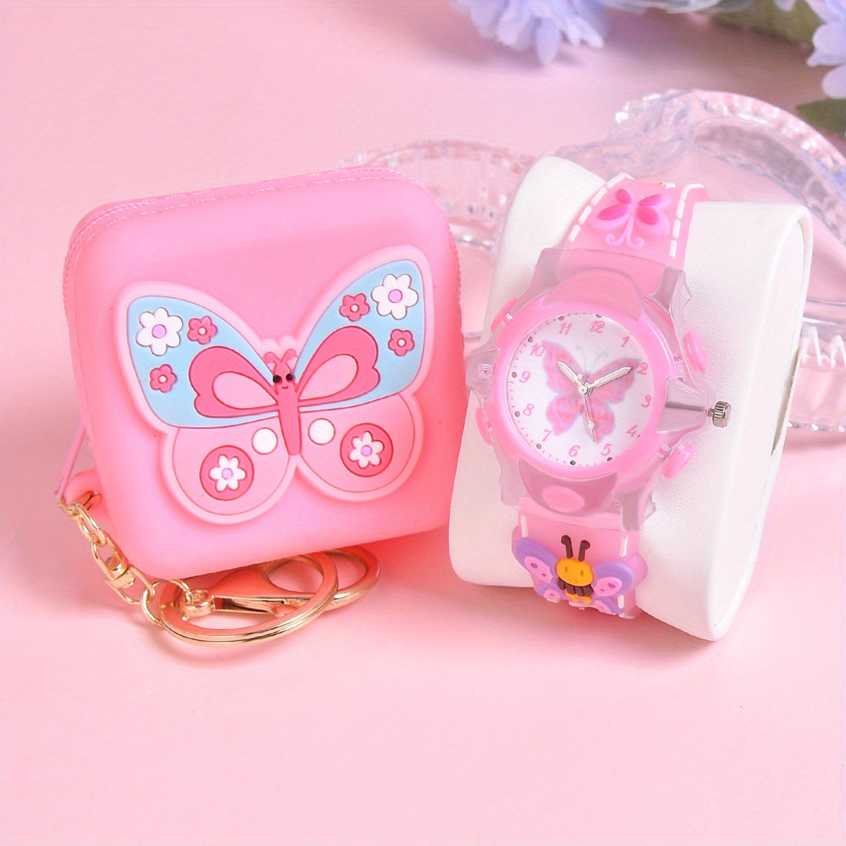 Girls' 3D Butterfly Silicone Strap Watch with LED Flash Quartz Wristwatch Set