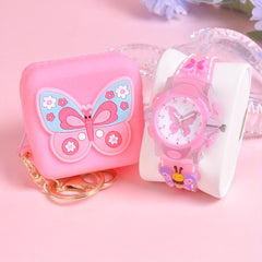 Girls' 3D Butterfly Silicone Strap Watch with LED Flash Quartz Wristwatch Set