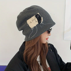 Face Graphic Patch Beanie Solid Elastic Knit Hat Hip Hop Lightweight Skull Hat
