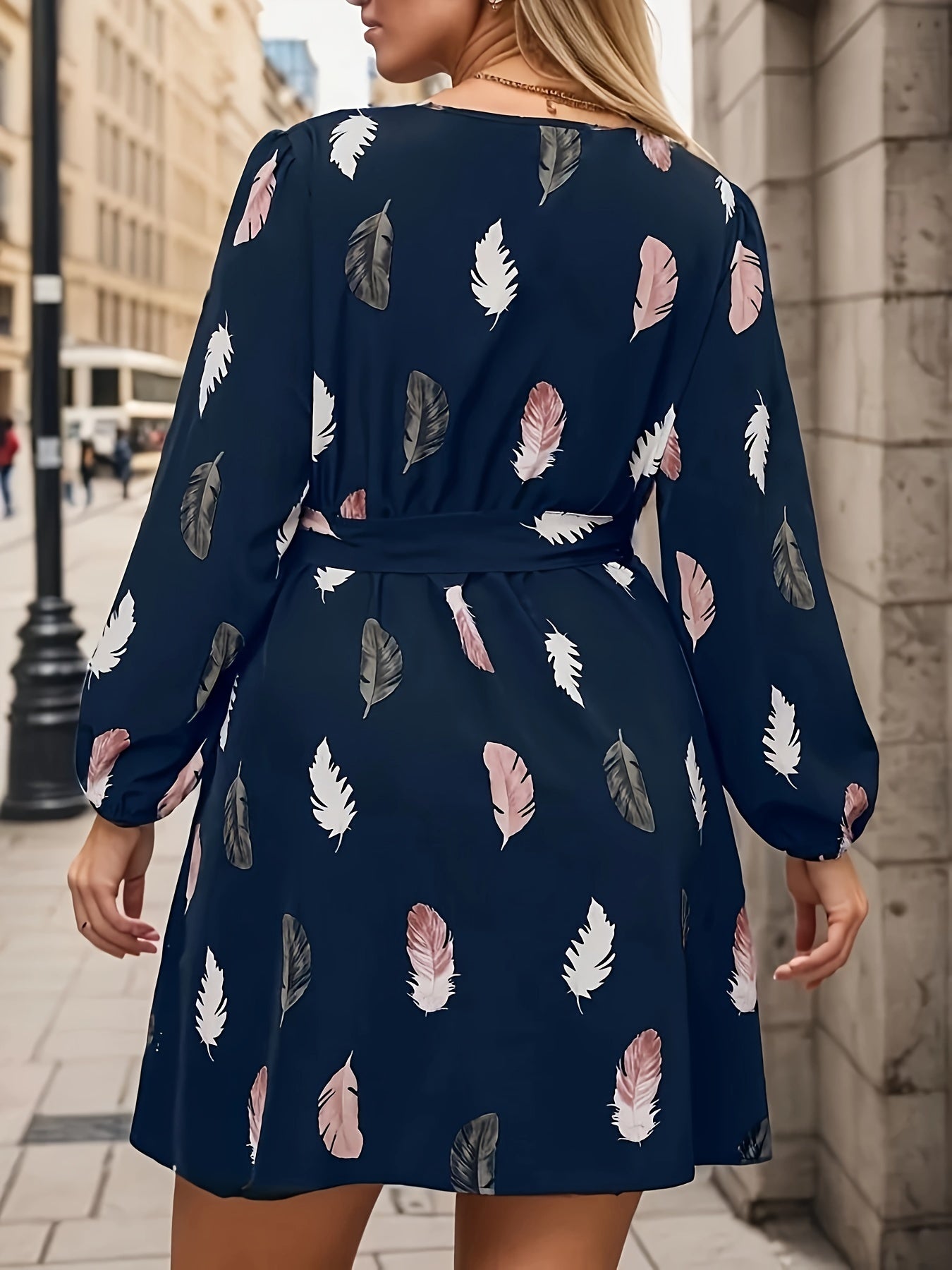 Women's Plus Feather Print Long Sleeve Surplice Neck Mini Dress With Belt