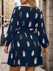 Women's Plus Feather Print Long Sleeve Surplice Neck Mini Dress With Belt