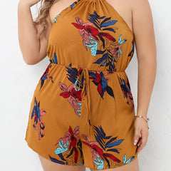 Boho Jumpsuit Women's Plus Leaf Print Tie Halter Neck Backless Romper