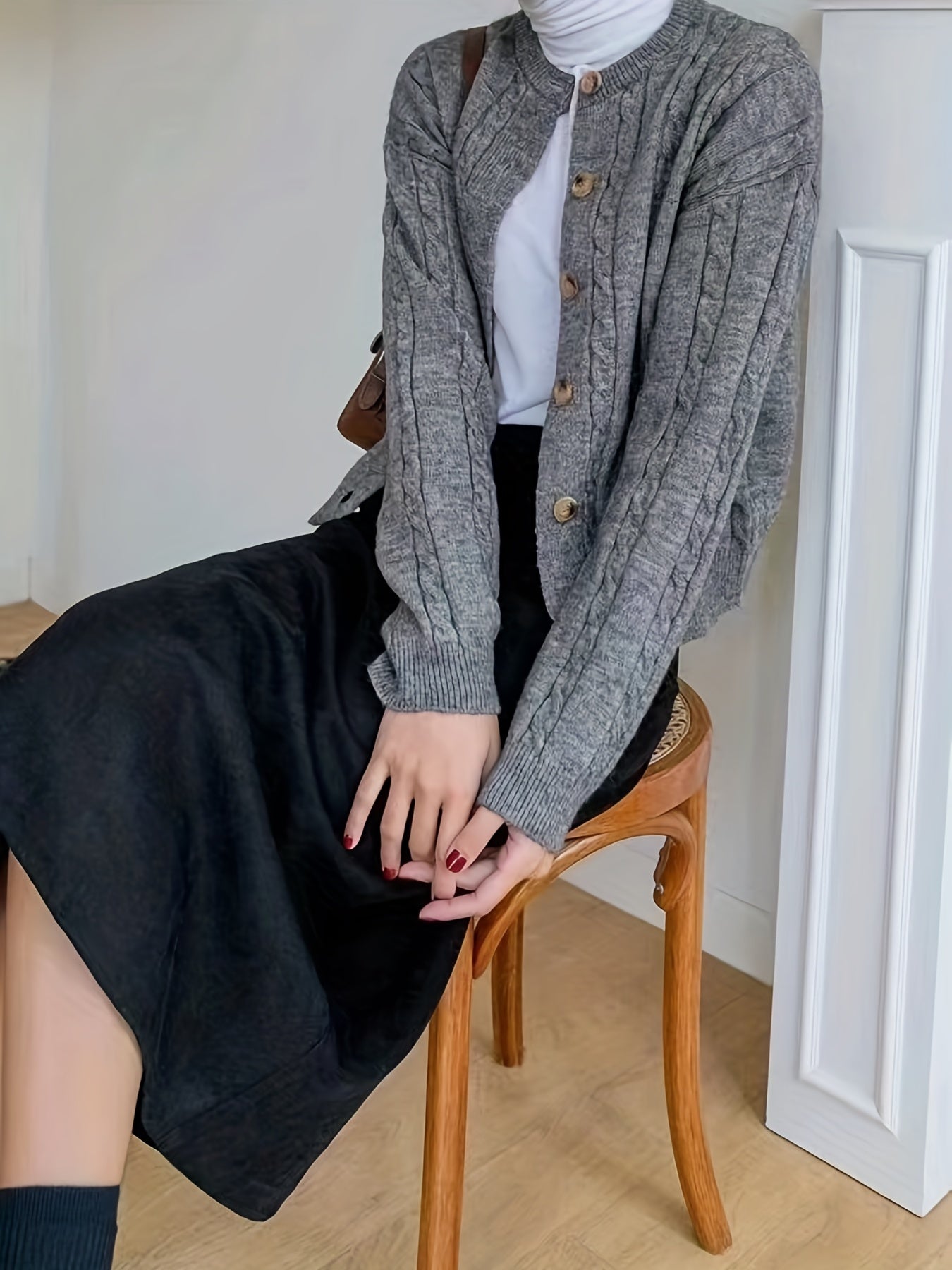 Casual Cardigan Women Solid Button Long Sleeve Round Neck Knit