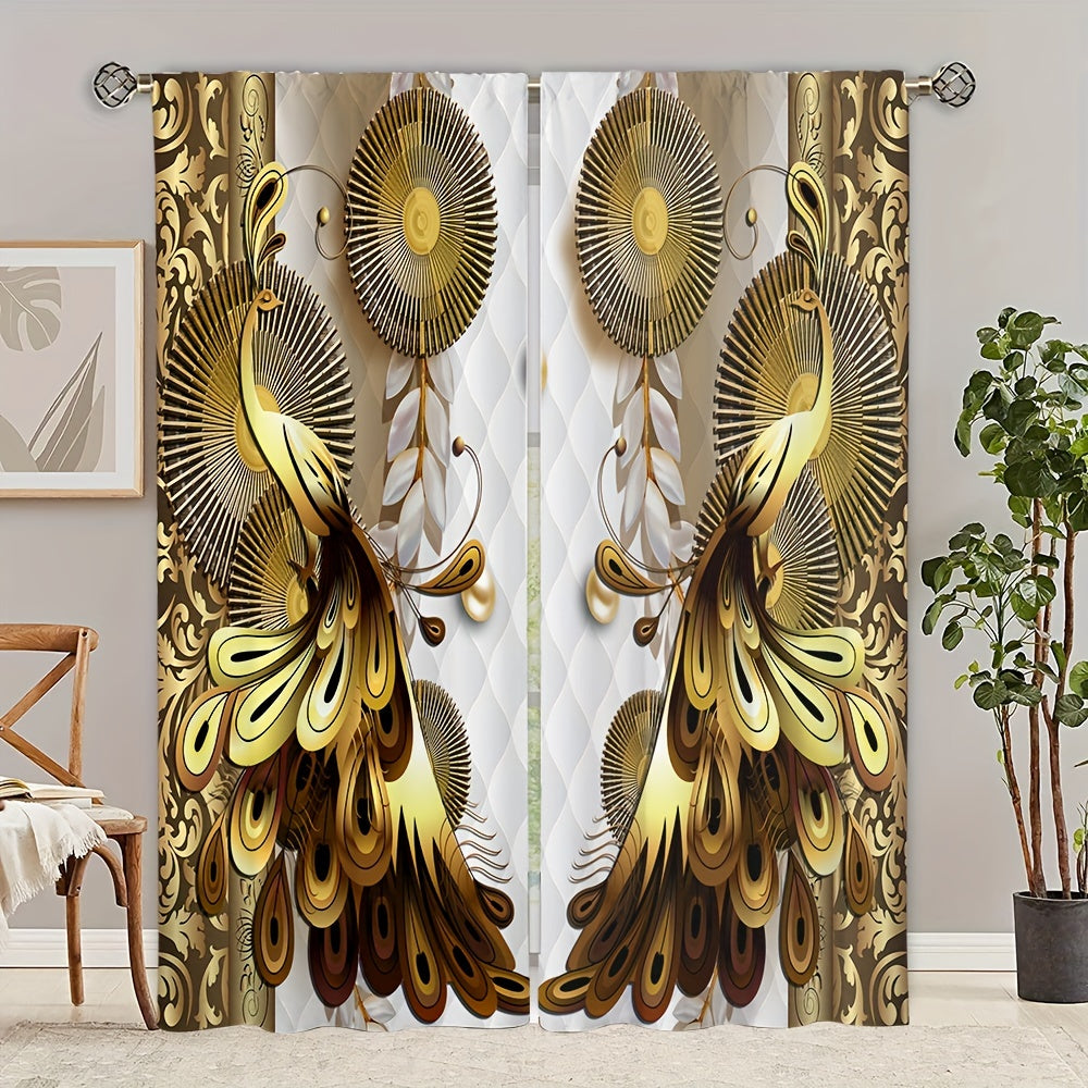 2 Panels Golden Peacock Curtain Rod Pocket Top Window Drapes