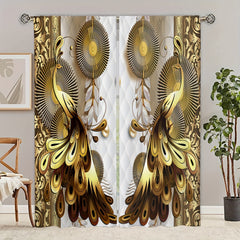 2 Panels Golden Peacock Curtain Rod Pocket Top Window Drapes