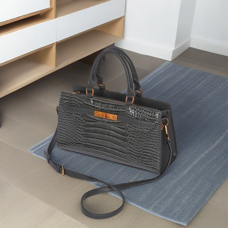 Gray Textured Tote Bag Convertible Shoulder Crossbody Zip Closure