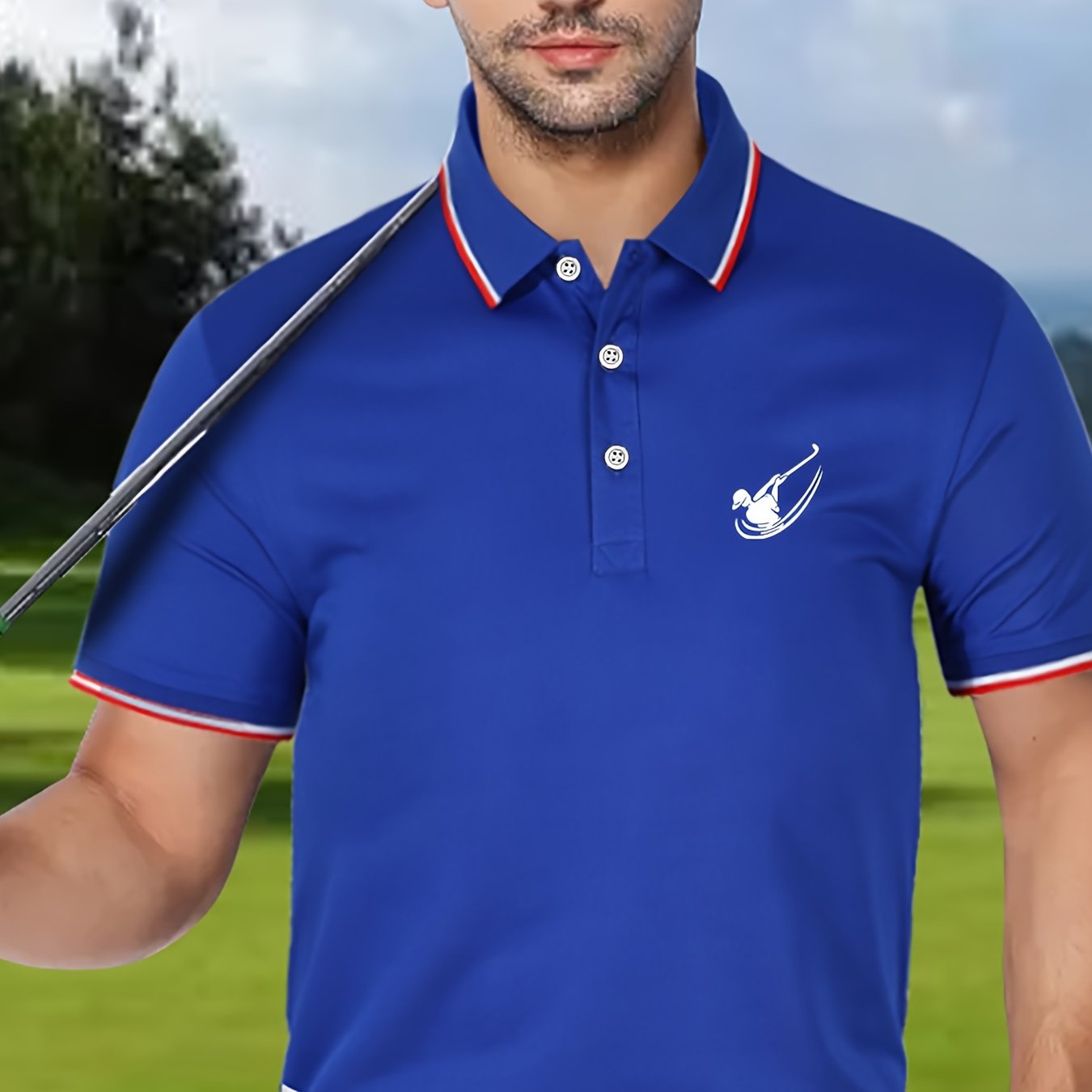 Men's Golf Print Polo Shirt Casual Stretch Lapel Button Short Sleeve