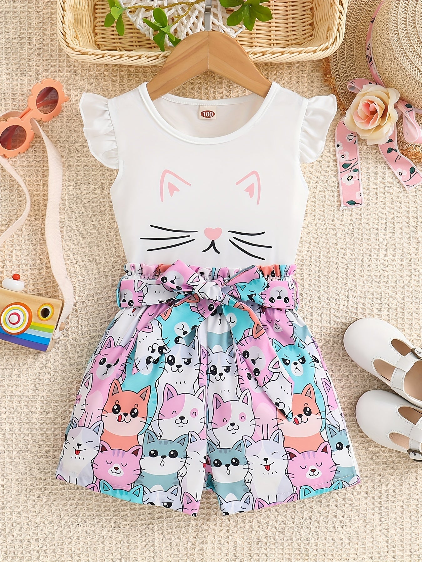 2pcs Toddler Girls Cat Graphic Ruffle Trim T Shirts Top & Shorts Set