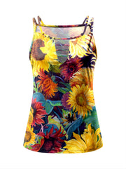Sunflower Print Spaghetti Tank Top Hollow Summer Loose Crew Neck Tank Top
