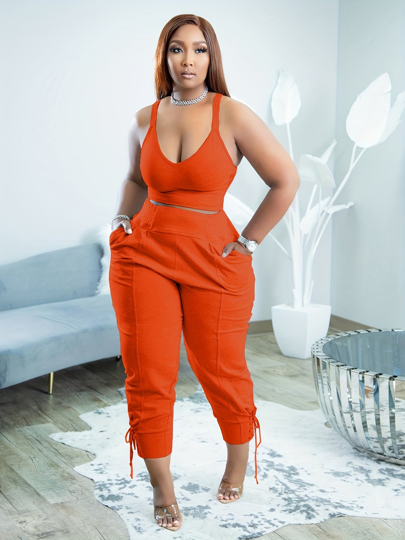 Solid Two-piece Set Cross Crop Tank Top & High Waist Pants