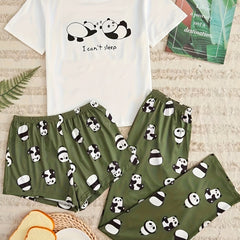 Panda Print Pajamas Set Short Sleeve Top & Shorts - Women's Sleepwear