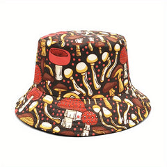 Brown Mushroom Print Bucket Hat Reversible Cartoon Sunscreen Basin Hat